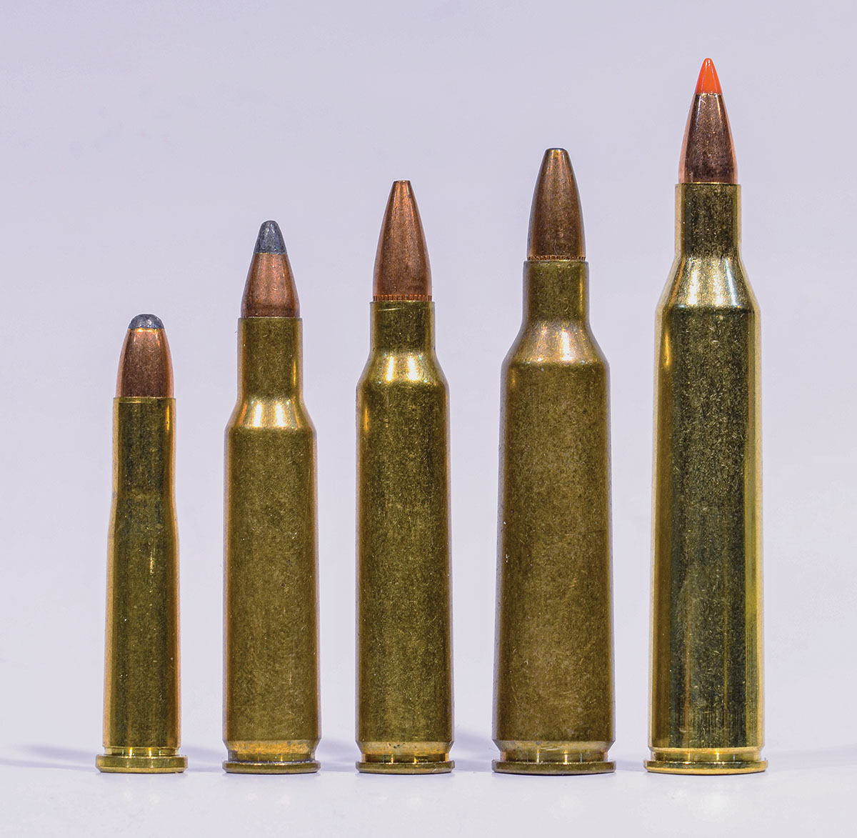 The five greatest .22-caliber cartridges of the twentieth century, from left: 22 Hornet, 222 Remington, 223 Remington, 22-250 Remington and 220 Swift.